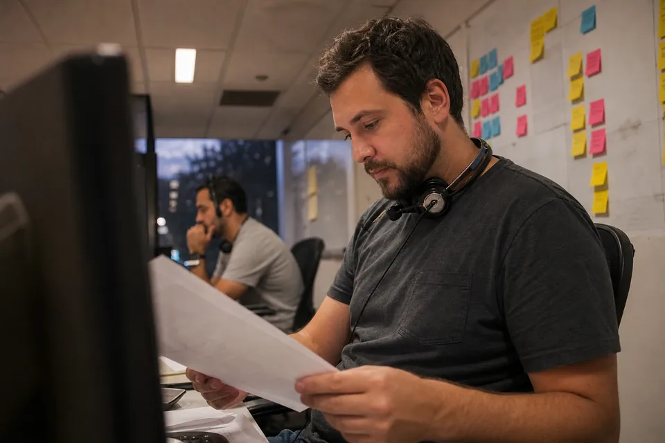 Support agent reading printed customer comments at his desk