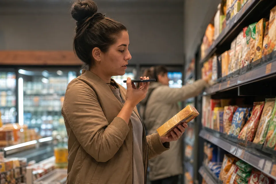Shopper in a store aisle recording a voice answer about a product she is holding
