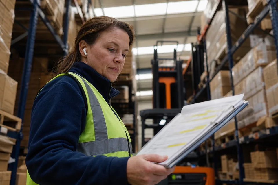 Operations director between warehouse shelves listening to a customer voice answer with one earbud, clipboard of printed quotes in hand