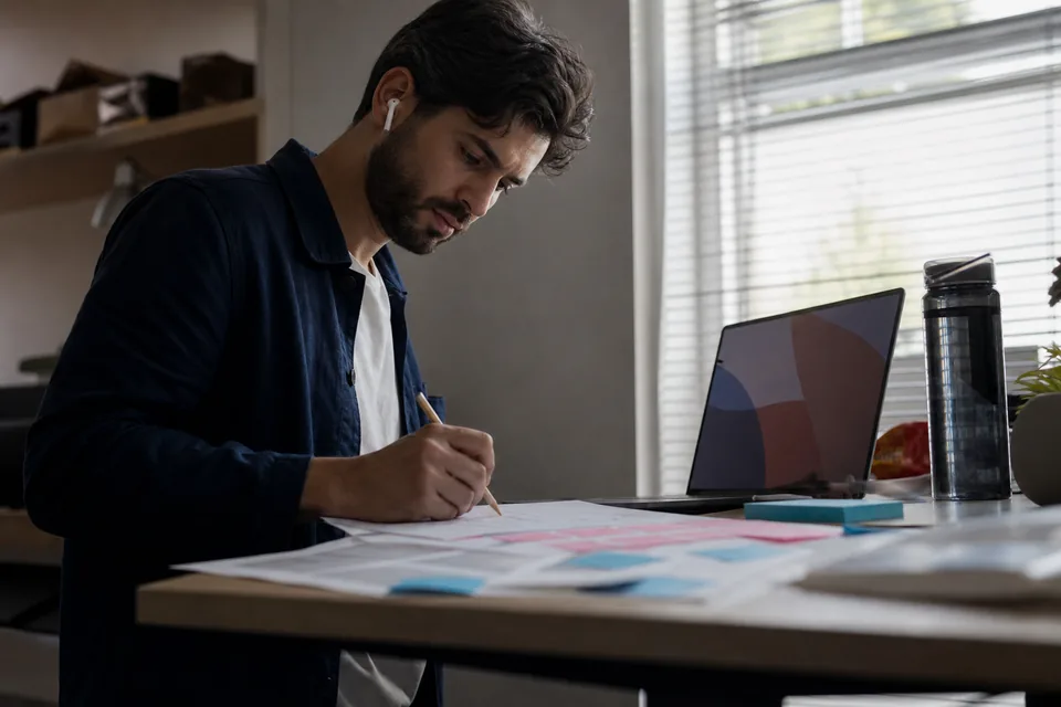 Product manager at a standing desk listening to a customer voice answer through earbuds
