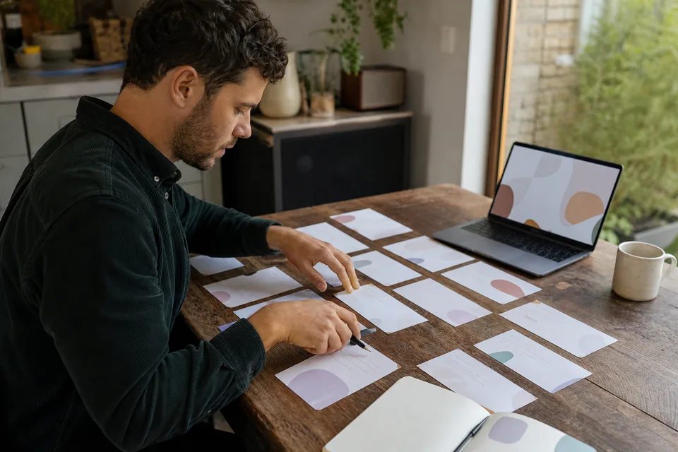 Product manager arranging printed question cards in order before publishing a survey