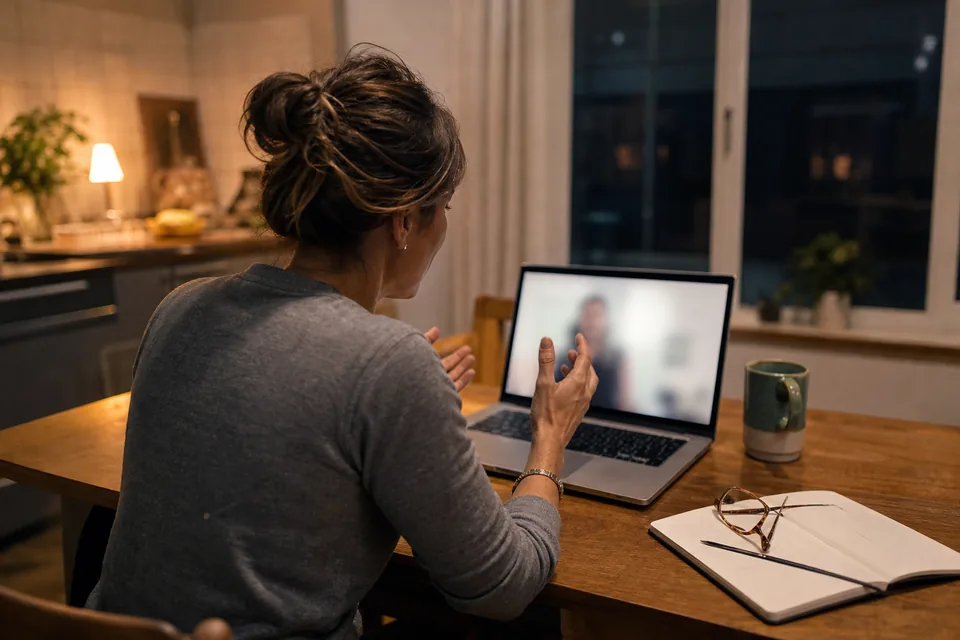 Trial user at a kitchen table recording video feedback on a laptop webcam