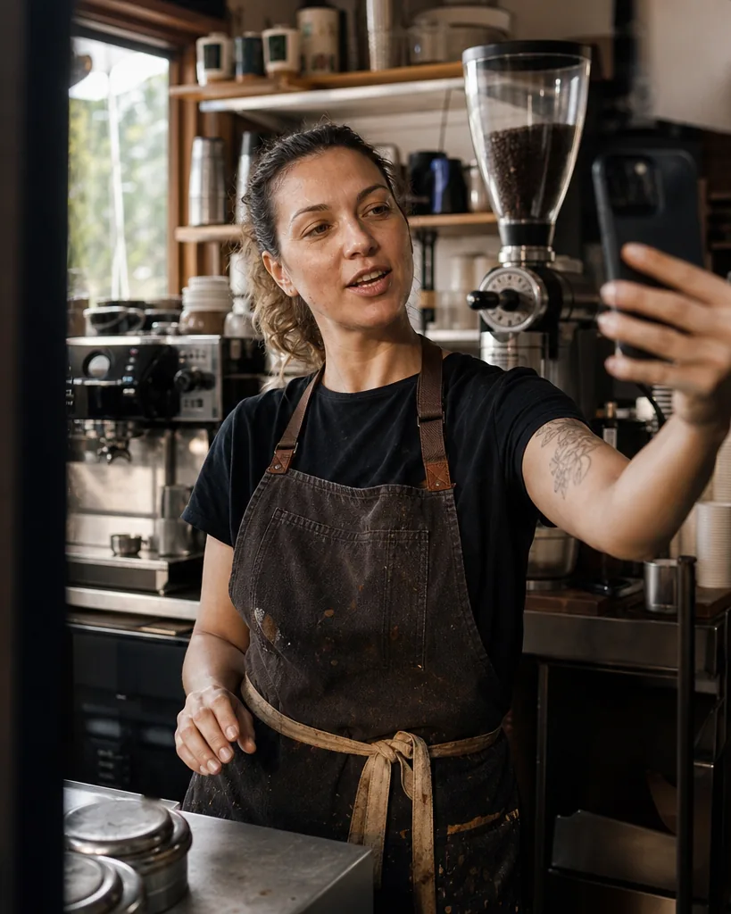 Cafe owner behind the counter recording a short video answer on her phone