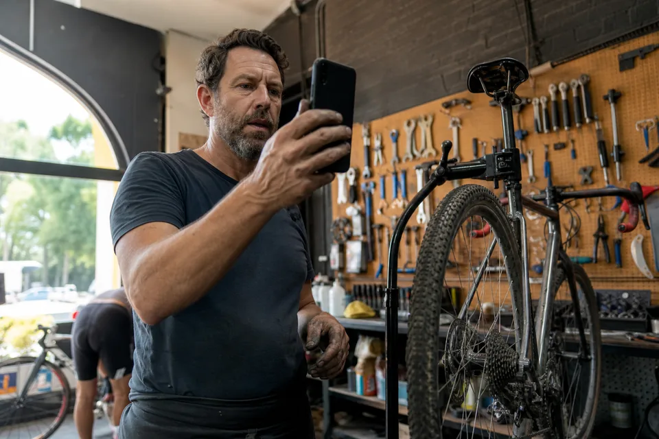 Bike mechanic in his workshop recording a short video answer on his phone