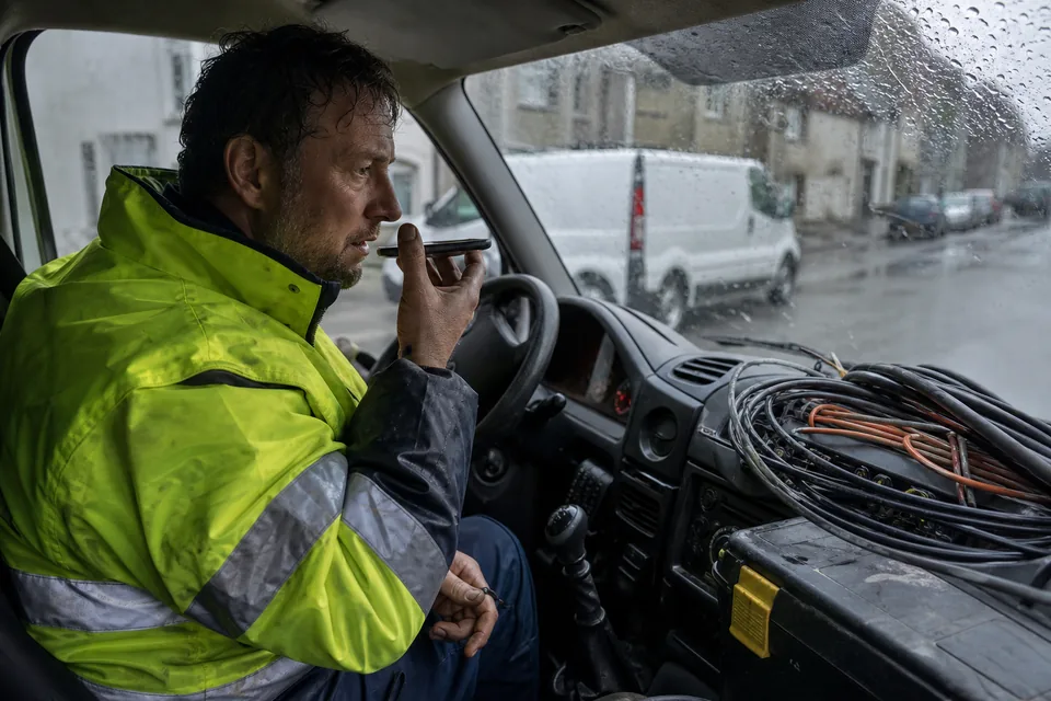 Field technician in a parked van recording a voice answer on his phone between jobs