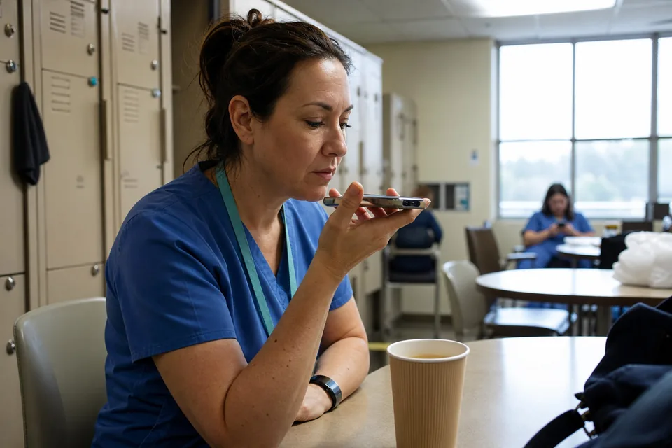 Nurse on a break recording a voice answer on her phone
