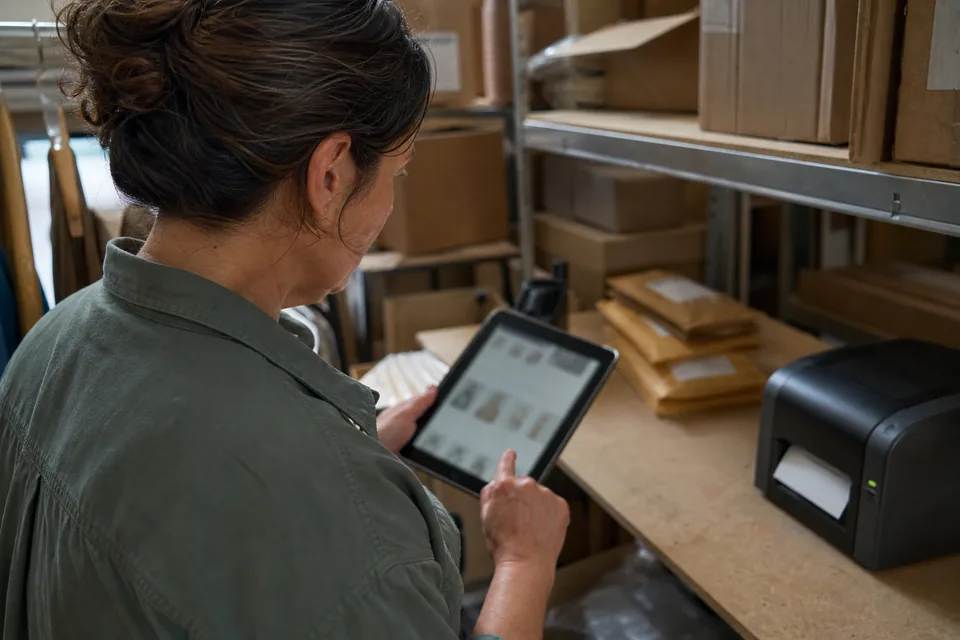 Online shop owner in her stock room checking her site on a tablet between parcels